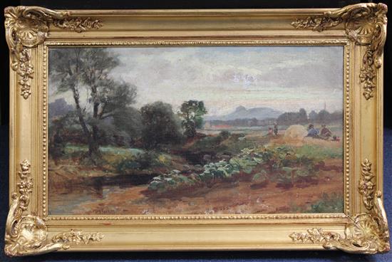 George Gray (19th C.) Harvesters at rest beside a river, 10 x 17.5in.